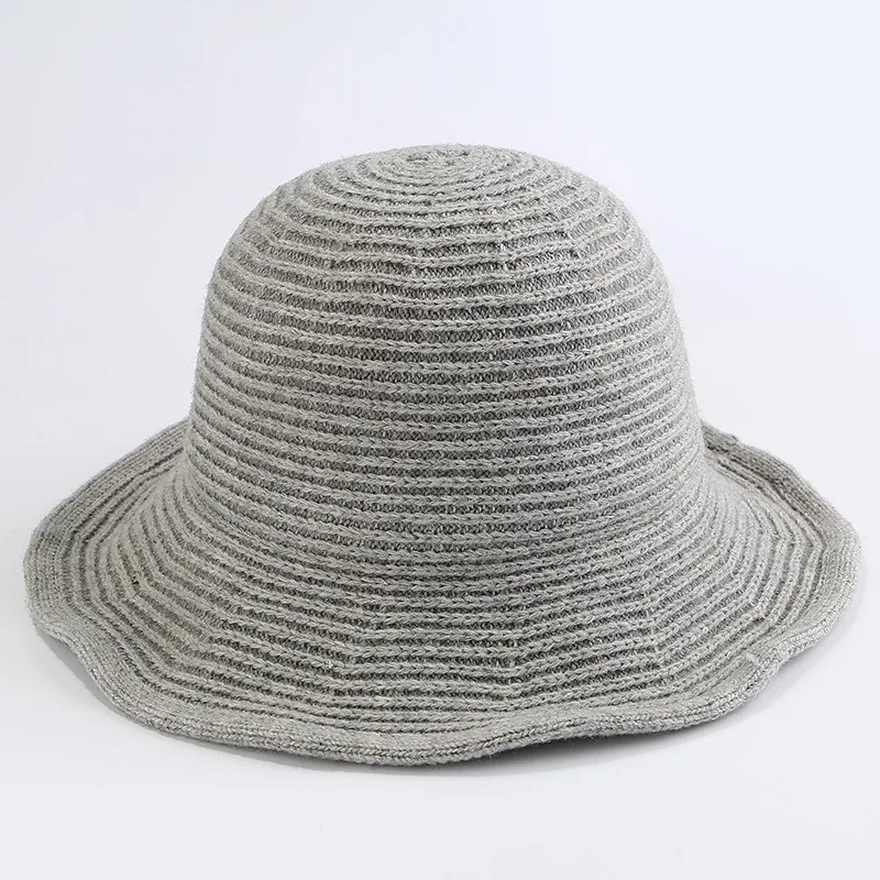 light gray Зимняя женская шапка в рыбацком стиле, шерстяная вязаная Складная шапка в рыбацком стиле, женская простая модная пляжная шляпа от солнца, Панамы - Цвет: light gray