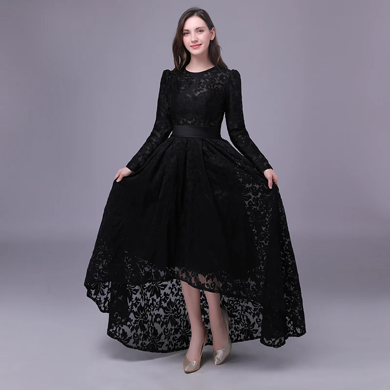 Новое поступление, вечерние платья для выпускного вечера, длинное черное кружевное платье с длинными рукавами и круглым вырезом