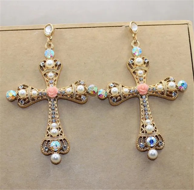 Online Free Shipping 2017 Baroque Jewelry Bridal Large Gold Free Shipping 2017 Baroque Jewelry Bridal Large Gold Cross Drop Earrings For Women Brand Pearl Crystal Dangle Earring 1pair Lot