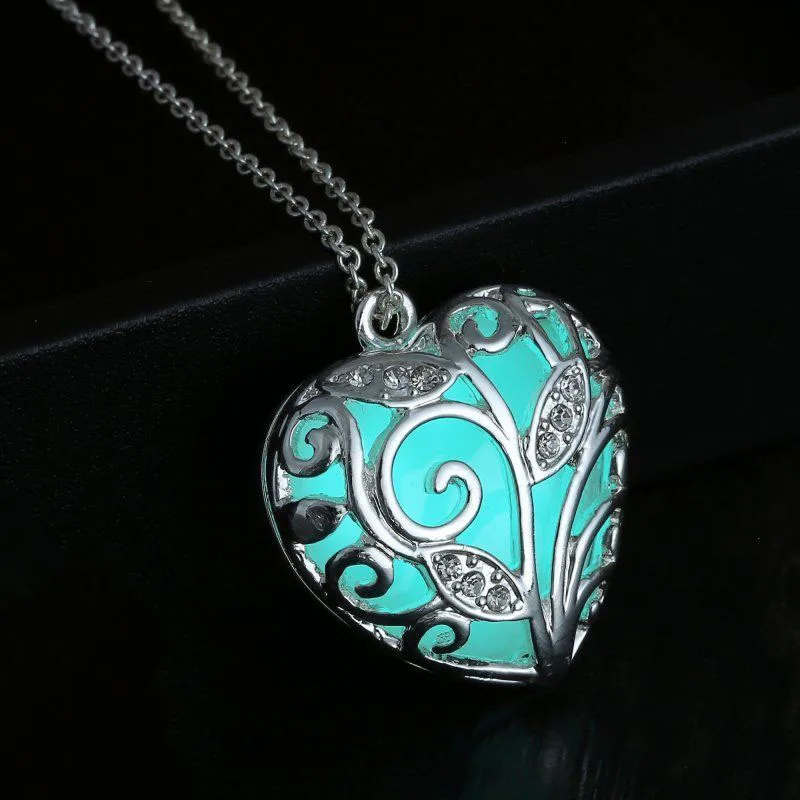 Turquoise Glow In the Dark Heart Necklace Silver Hollow Pendant Christmas Best Friend Gift