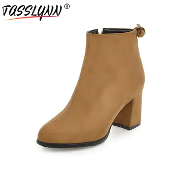 

TASSLYNN 2019 Western Women Boots Platform Flock Autumn Winter Woman Shoes Short Plush Ankle Boots Square Heel Shoes Size 34-39
