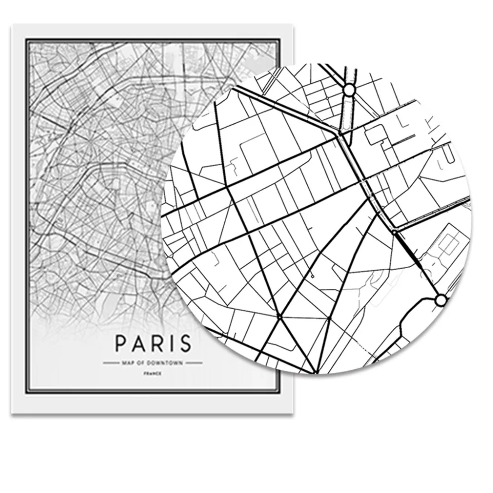 Черно-белая карта городов мира постер с видом Парижа в скандинавском стиле, Настенная картина для гостиной, домашний декор, современный пейзаж, Картина на холсте