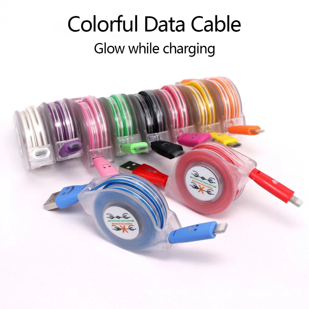 

Durable USB Cable Charger Data Sync Cord For Iphone 7 8 5 5S 6 6Plus For Ipad Mini 100cm Data Line Retractable LED Light