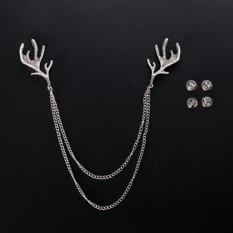 

Fashion Deer Antlers Badge Animal Brooch Pins Gold Metal Chain Tassel Shirt Collar Needle Lapel Pin Women Men Christmas Jewelry