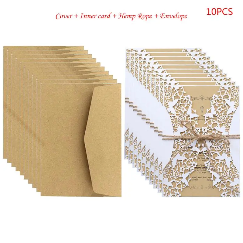  10pcs/set Laser Cut Hollow Wedding invitations Cards Lace Hemp Rope Invite Envelopes Kits For Engag - 33049637655