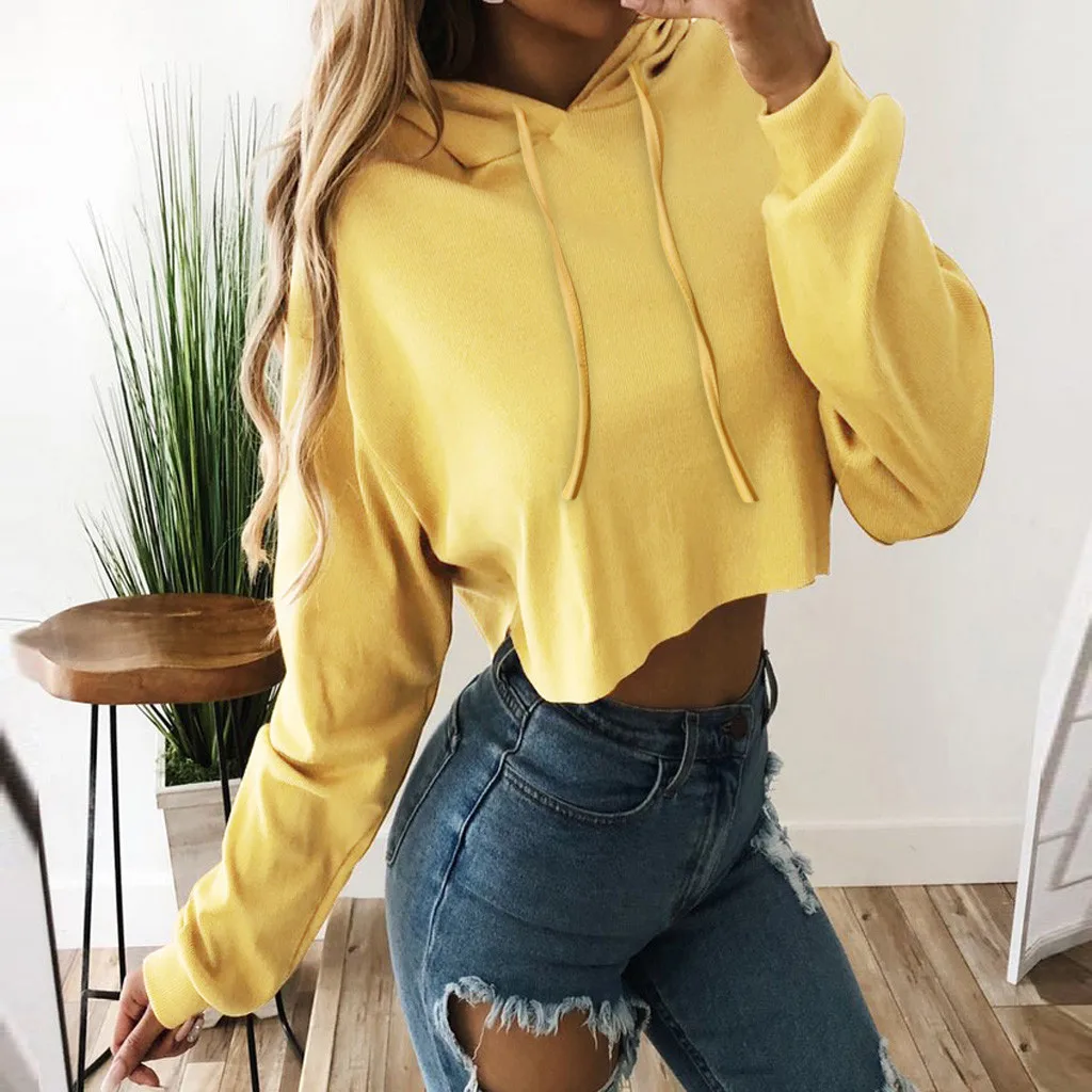 

2019 Fashion Women Long Sleeve Drawstring Cropped Hoodies Women Female Sweatshirt Hooded Solid Top Pullover Blouse DouDouLu