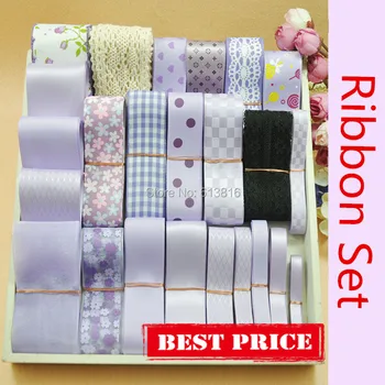 

24M Printed Grosgrain Satin Ribbon Lace Fabric Organza Mixed Ribbon Set Light Purple Series DIY Hairbow Making Materials
