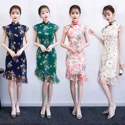 Облегающее повседневное китайское шифоновый Чонсам для девочек, сексуальное длинное платье с принтом, Qipao, воротник-стойка, асимметричное
