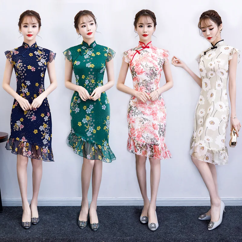 

Tight Casual Chinese Girl Chiffon Cheongsam Sexy Long Print Qipao Mandarin Collar Irregular Dress Flare Sleeve Vestidos