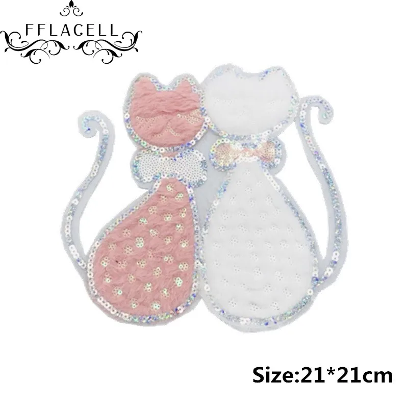 

FFLACELL Cute Double Embroidery Cat Animal Patch Sequins Clothes DIY Applique Bag Clothing Jeans Crafts Patches