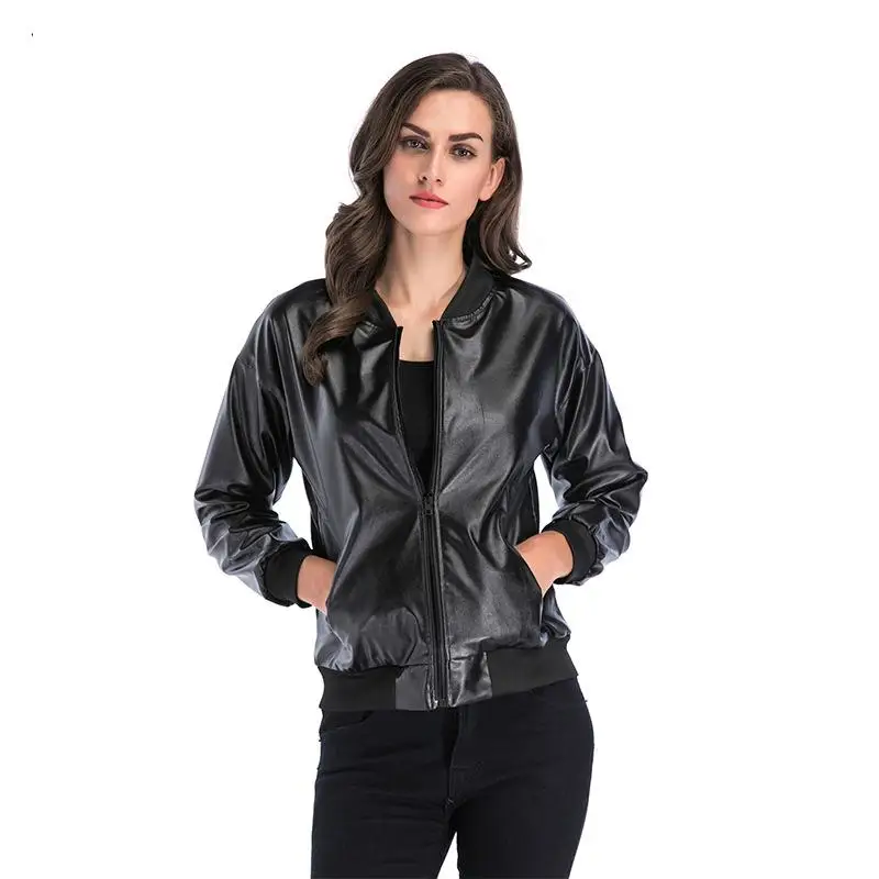 Spring Women's European And American Clothing Female Black Trend Coat Loose Stand Collar Zipper-fly Leather Short Jacket