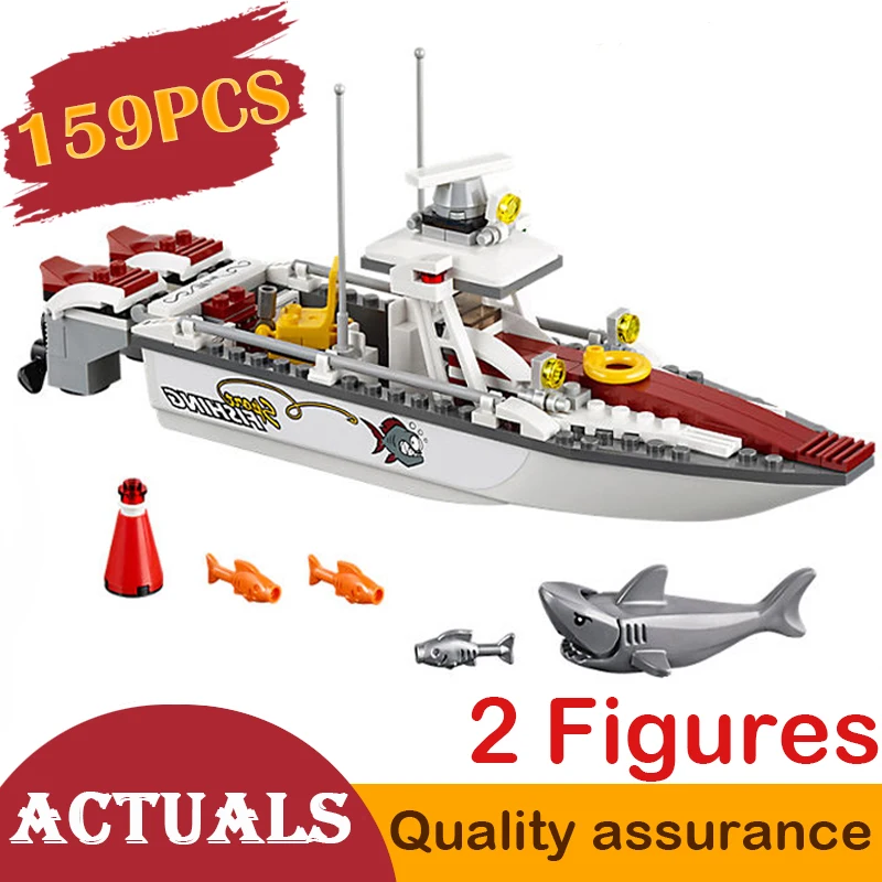 

BELA 10646 02028 City Fishing Boat Shark Building Blocks Ship Model Bricks Education Toys Gifts Compatible legoed 60147 Set