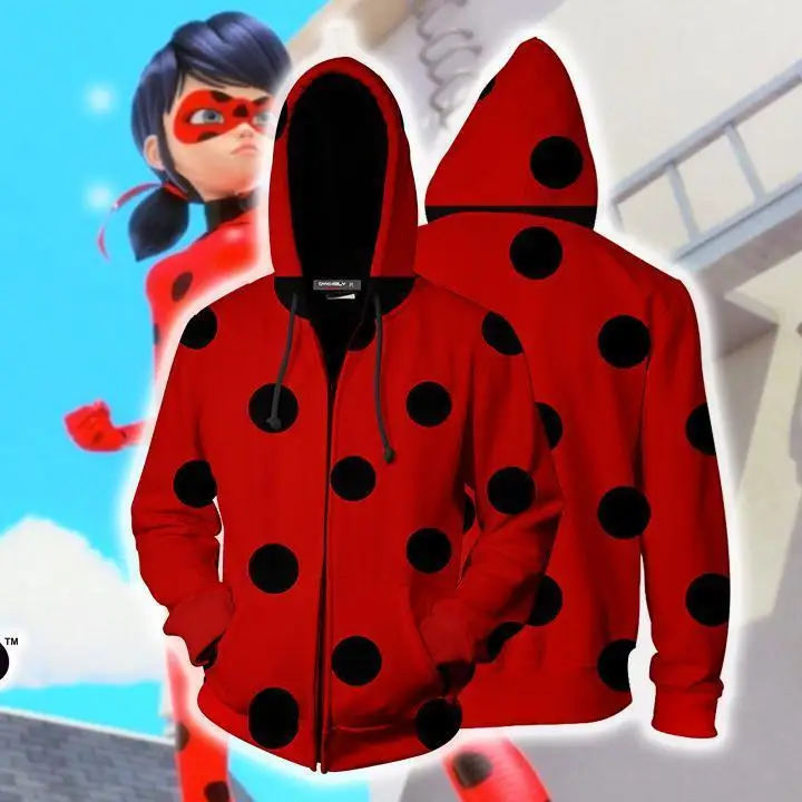 

anime Ladybug Black cat Cosplay Costumes Ladybug Hoodies Jackets 3D Printed zipper Hoodie Sweatshirts Girl women sweater