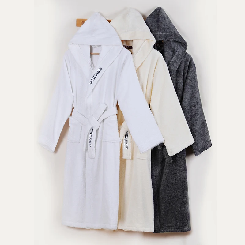 

Men's Bathrobe Winter Cotton Hooded Women Robe Male Warm Long Bathrobes Comfort Gray Bath Robe Kimono Robe Thick Warm Soft