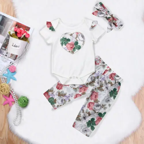  3PCS Toddler Baby Girls Tops Romper Floral Pants Headband Outfits Set Clothes US