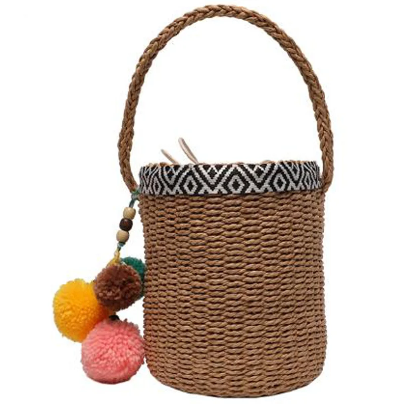 

New Fashion Bucket Woven Bag Embroidery Serve Pendant Straw Bag Summer Vacation Ladies Beach Bag