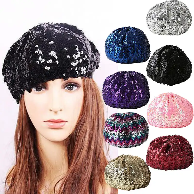 Party Performance/ Shows Disco Cap Nightclub Costume Stage Beret Cap Women Girls Sequins Beret Hat for Dance