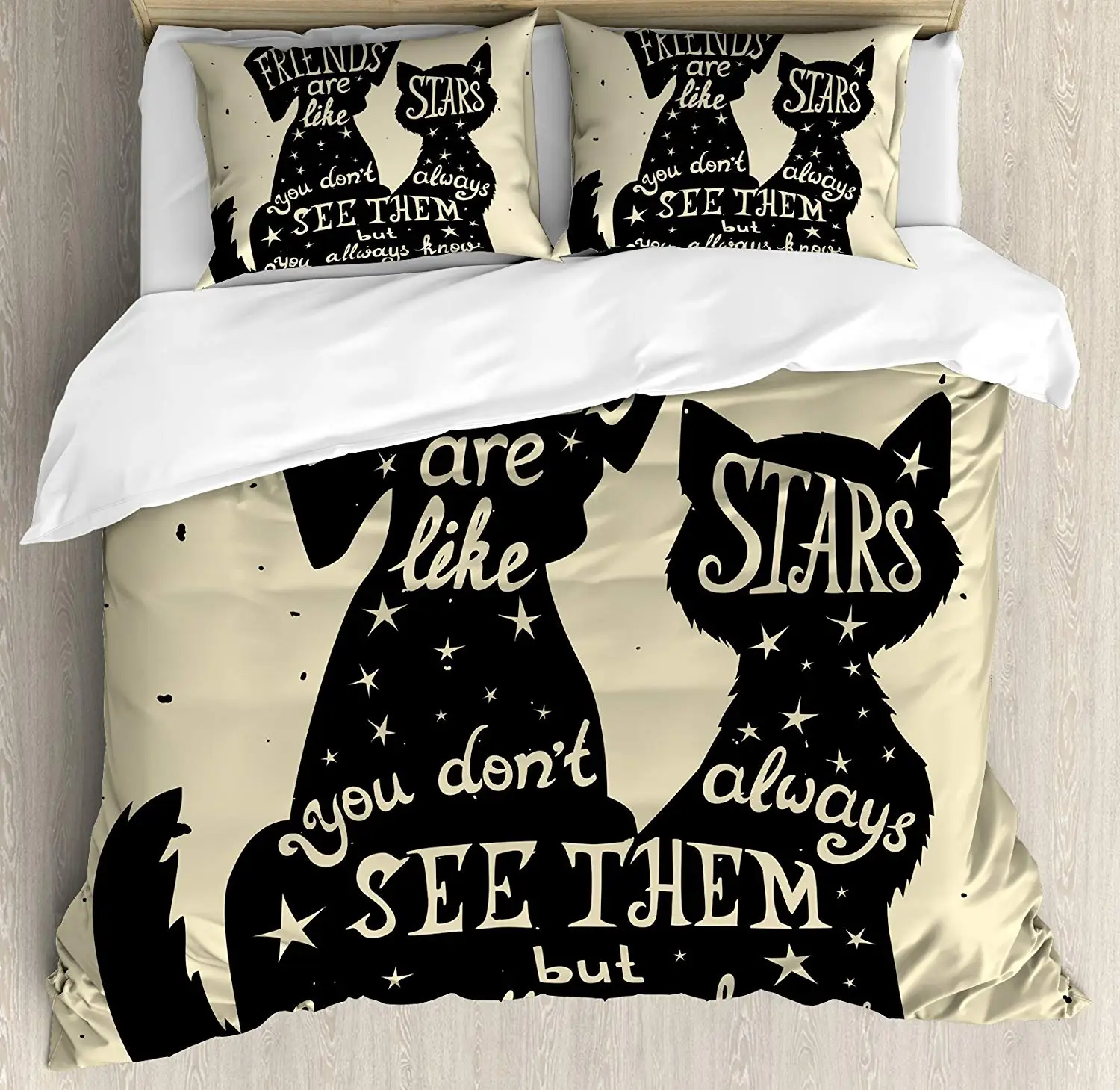 

Inspirational Duvet Cover Set Queen Size Cat Dog Silhouettes Friendship Themed Phrase ans Stars Grungy Display Bedding Set Black