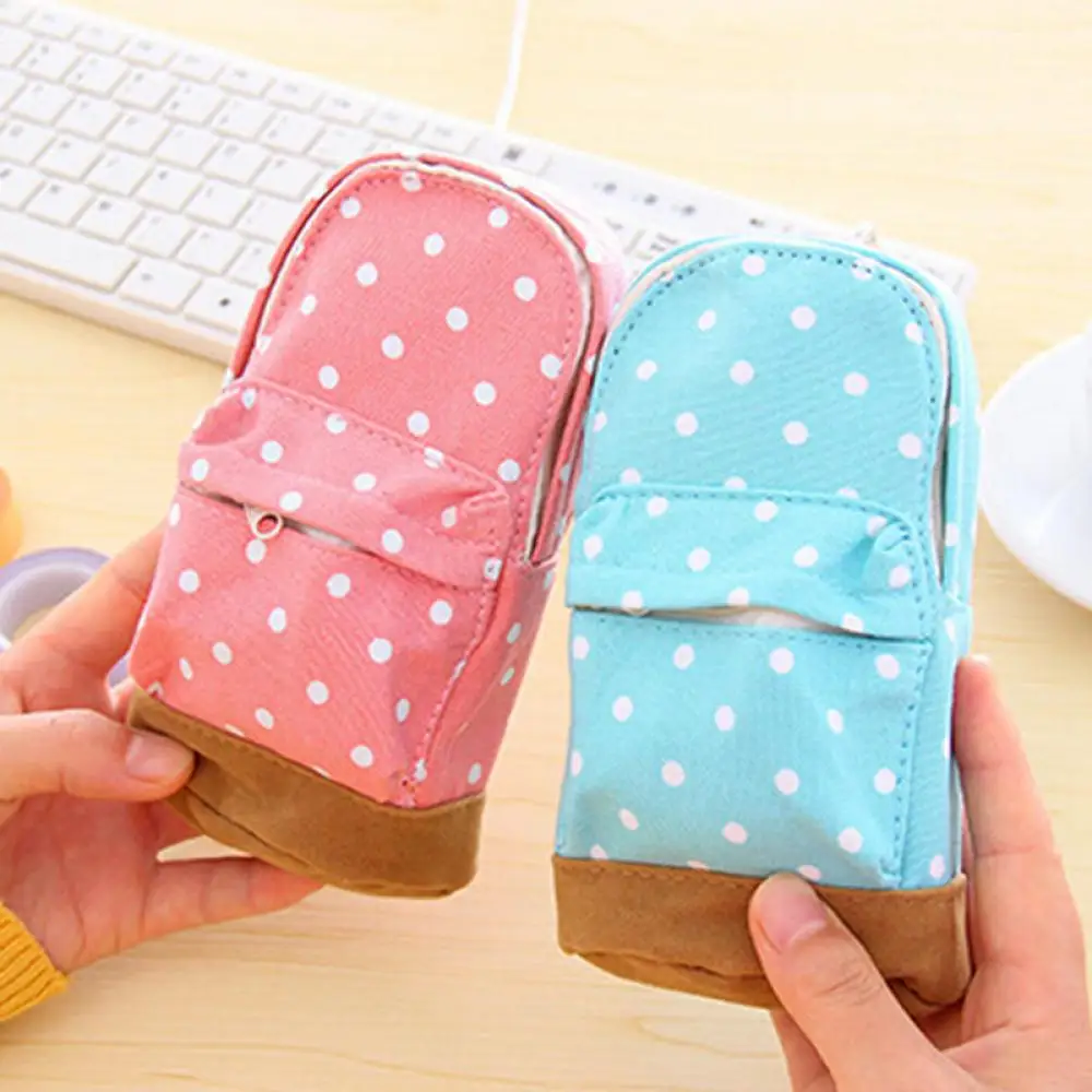 

Women Schoolbag Shape Money Bag Canvas Small Coin Purse Dotted Key Holder Wallet Mini Wallet Holder Zip Coin small Bags