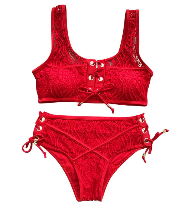 New swimwear female cross-border ins explosion straps buckle lace solid color bikini sizzling multi-color swimwear Solid Women