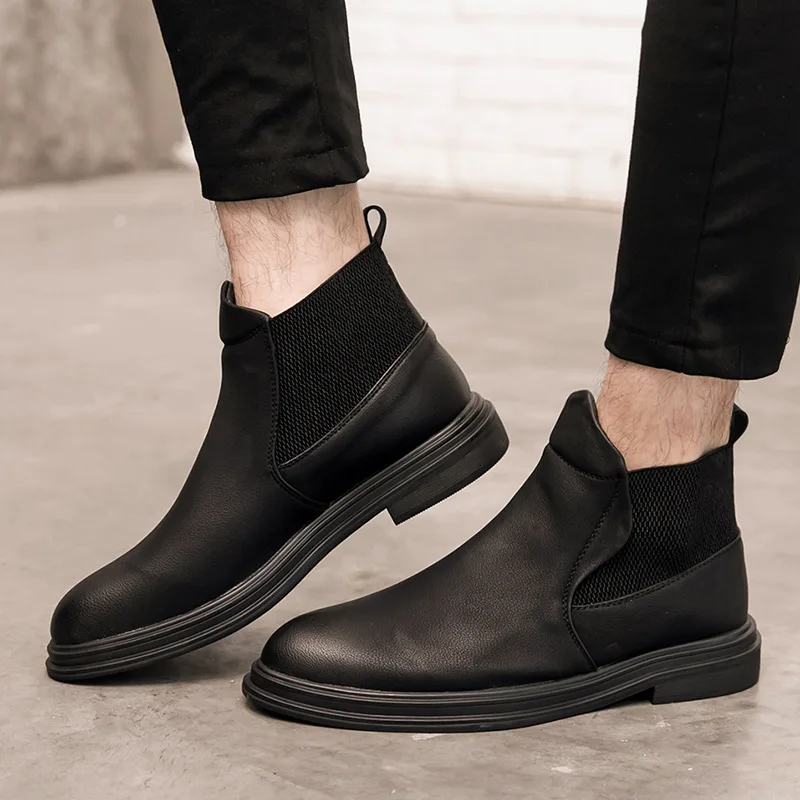 

Fashion PU Casual Ankle Chelsea Boots Men Slip-On Med Concise Solid Martin Boots Sewing Pointed Toe Retro Motorcycle Shoes