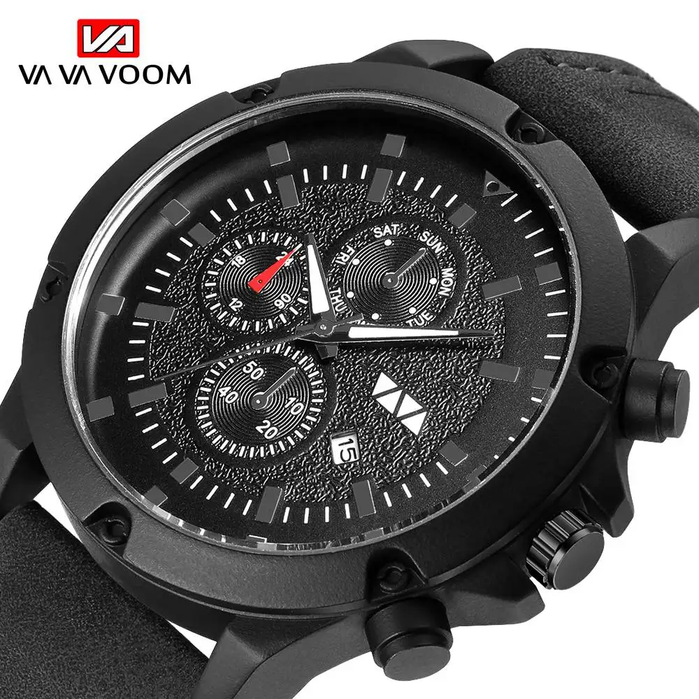 

Fashion big cool VAVA VOOM men's quartz watch quality waterproof sports business black leather strap clock Wrist Relogio