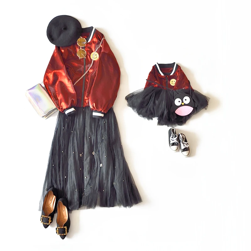 

Original Desgin Mama Mother and Daughter Clothes Matching Outfits for Family Wine Red Smiling Face Baseball Coat Autumn Coat
