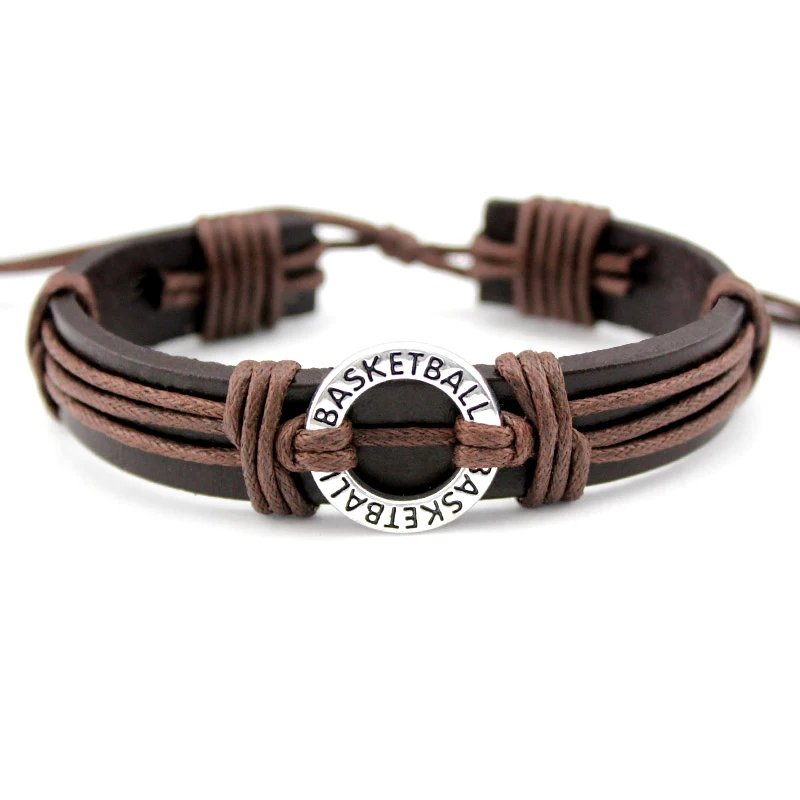 Basketball Football Soccer Softball Volleyball Lacrosse Hockey Swim Charm Leather Bracelets Women Men Unisex Boy Girl Jewelry