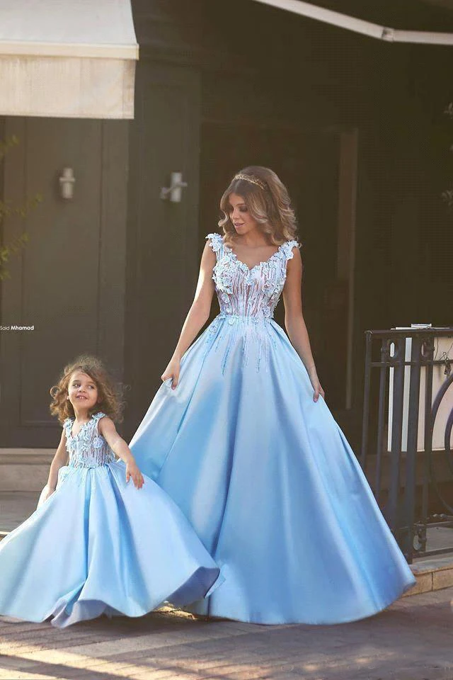 Элегантное голубое небо ТРАПЕЦИЕВИДНОЕ вечернее платье для мамы и дочки с цветами, Настоящее изображение, платья для выпускного вечера