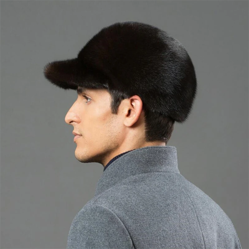 KAISHIN Winter Top Grade Peaked Caps Real Fur Visors Hats for Men Full-pelt Mink Fur Casquette