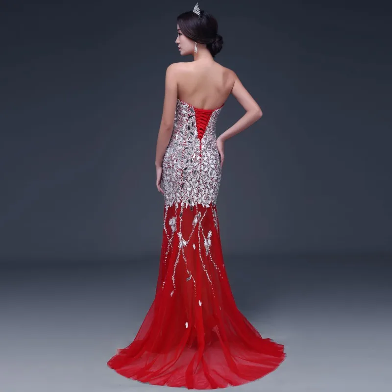 Luxury Evening Dress Long Mermaid Sexy Sweetheart Crystal Beaded Tulle Red Real Picture Formal Dress Evening Party vestido longo
