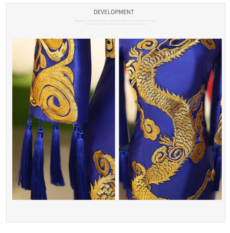 Королевское синее китайское платье с вышивкой Феникса, длинное платье Ципао, модное вечернее платье, летнее современное восточное платье