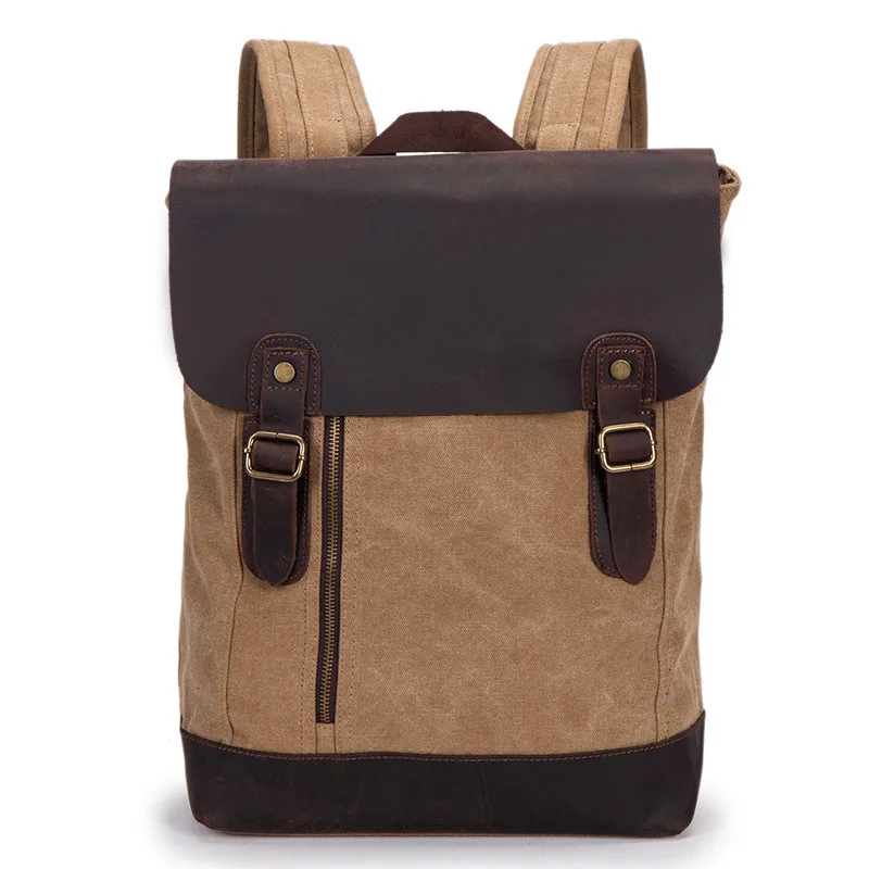 

Men's Genuine Leather Cow Real Cowhide Washed Canvas Multi-Function Vintage Travel Backpack Tote School Bag Portable Carry Case
