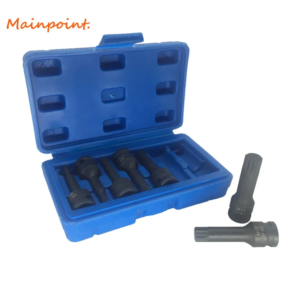 

7Pcs 3/8" Drive Impact Spline Bit Socket Set Chrome-Molybdenum Cr-Mo M5 M6 M8 M9 M10 M12 M14 Long Black Impact Socket Bits Sets