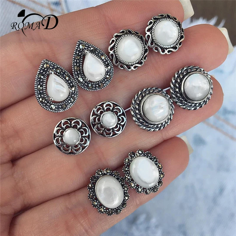 Винтаж Комплект сережек для женщин 5 пар/компл. серьги-гвоздики белые опаловые серьги в богемном стиле ювелирные изделия черный кубического циркония Brincos, можно носить с A1000