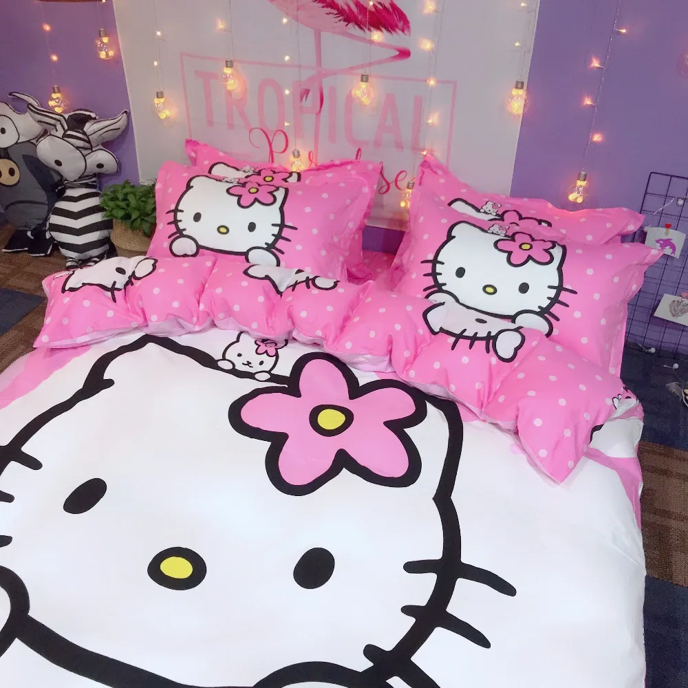 Мультяшный стиль hello kitty, детские наборы постельных принадлежностей, 3-4 шт., Комплект постельного белья, пододеяльник, простыня, наволочка, двойная королева, король, домашний текстиль