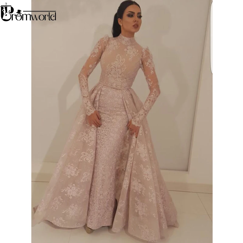 US $89.00 Muslim Evening Dress 2020 New Mermaid High Collar Illusion Long Sleeves Lace Dubai Saudi Arabic Long Evening Gown Robe De Soiree