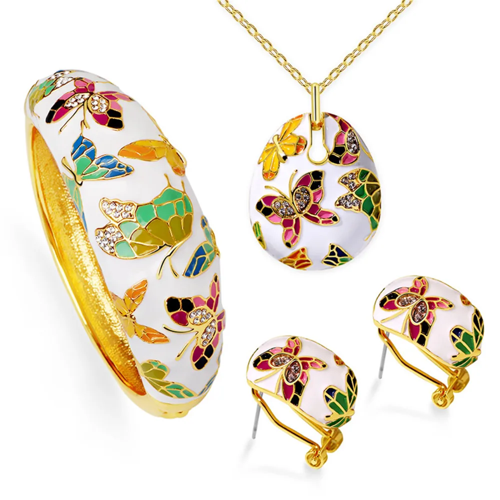 

KOMi Vintage Enamel Rhinestone Necklace Bracelet Earring Jewelry Set Fashion Butterfly Design Bridal Wedding Party Set I-329