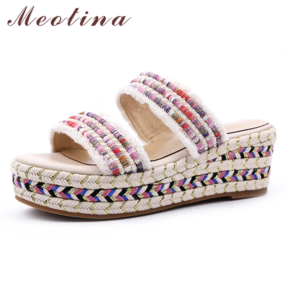 

Meotina Summer Slides Women Shoes Bohemia Platform Wedge High Heels Shoes Mixed Colors Open Toe Slippers Female Sandals Size 39