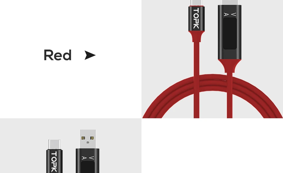 TOPK D-Line2 кабель usb type C, отображение напряжения и тока type-C кабель для быстрой зарядки и синхронизации данных USB-C для Xiaomi A1 samsung S9