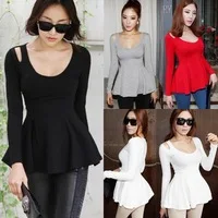 High Quality Modal Cotton Soft Thin Women Tops,Free Shipping Fashion O-Neck Long Sleeve Peplum Cute Top Blouse Tee T-Shirt S-XL