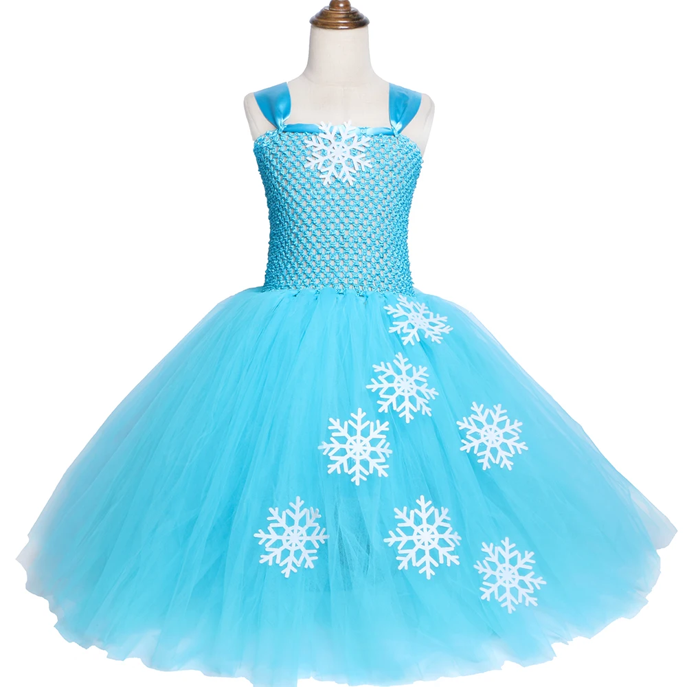 Небесно-голубое платье-пачка Эльзы для девочек, Тюлевое платье принцессы со снежинками, детское платье для дня рождения, праздничное