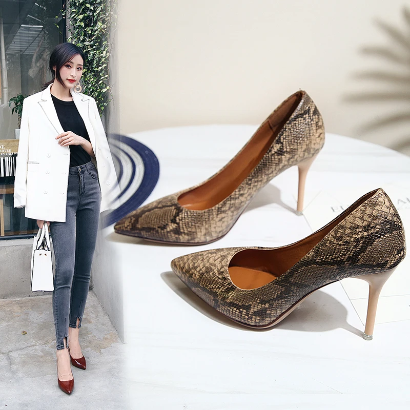 

High Quality Snake Wine Red Gold Black Slip On 9cm Basic Women Pumps Banquet Office Ladies Elegant Shallow Thin High Heels Shoes