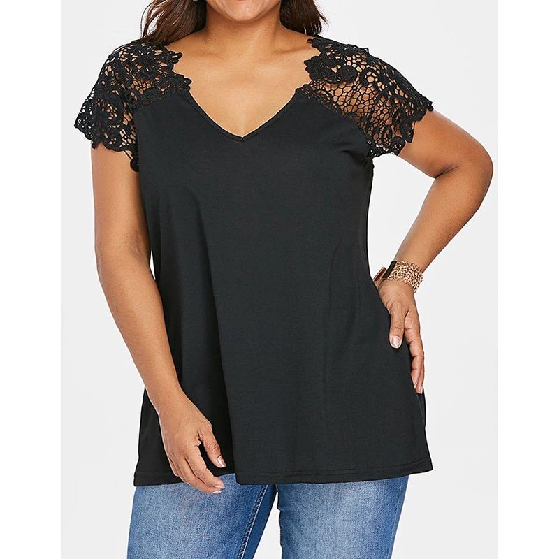 Women's Blouse 2019 Summer Oversized Short Sleeve Loose Shirt Ladies V-Neck Lace Patchwork Casual Tops Tunic Shirt Femme Blusas
