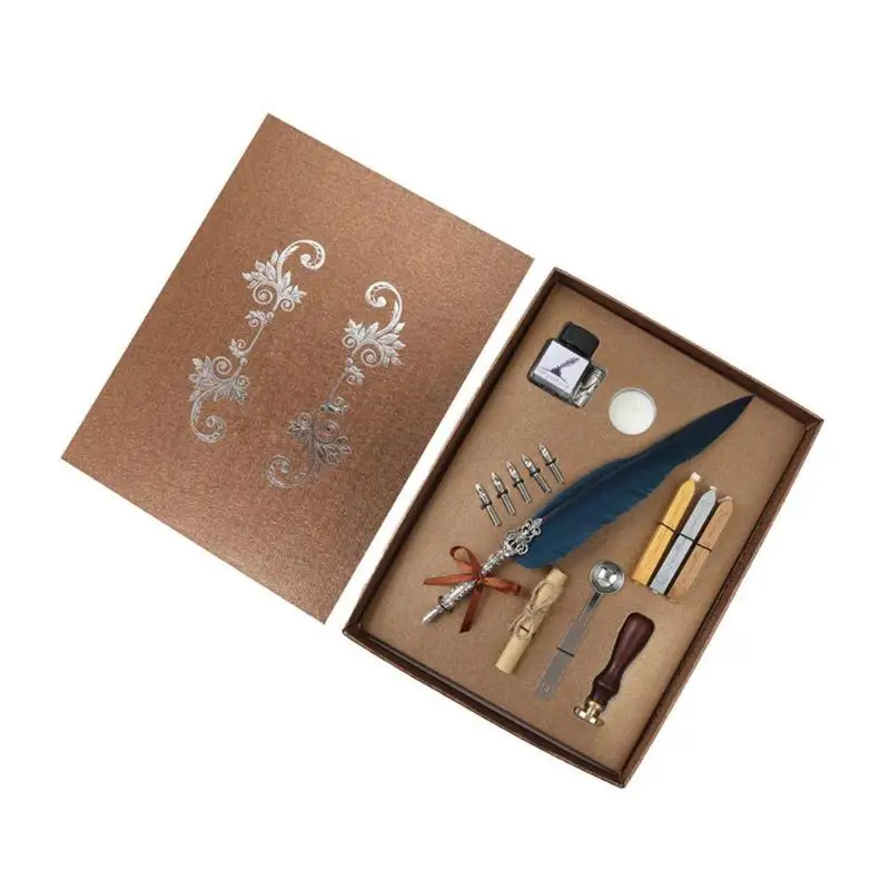 

1set Retro Vintage Calligraphy Feather Dip Pen Writing Ink Set Stationery Quill Fountain Pens Creative Vintage Pen Dropshipping