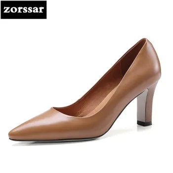 

{Zorssar} 2018 New Arrival Genuine Leather fashion womens shoes Slip-on pointed toe High heels pumps ladies dress shoes brown