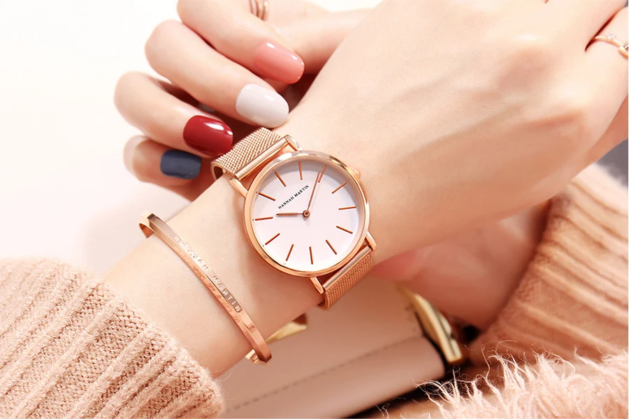 HANNAH Martin женские модные часы-браслет из розового золота Женские сетчатые наручные часы из нержавеющей стали водонепроницаемые серебряные минималистичные часы