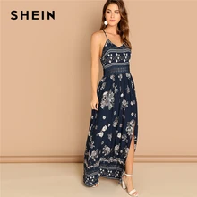 SHEIN Платье На Бретелях Со Складками И Кружевной Талией Женское Летнее Богемное Темно-Синее Платье Без Рукавов