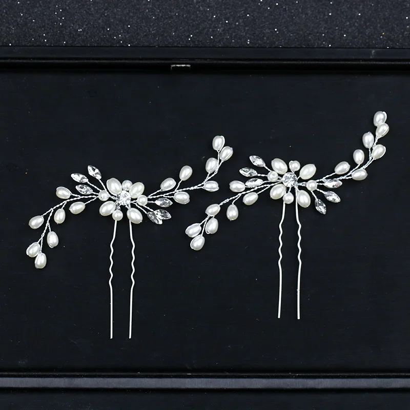 

2PCS Rhinestone Pearl Hair Pins Girl's Hair Jewelry Accessories Wedding Bridal Head Decoration Pins Handmade Silver Sticks