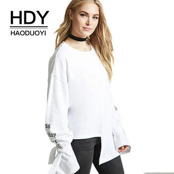 

HDY Haoduoyi Solid White Women Sweatshirts O-neck Full Sleeve Letter Print Lace-up Lady Tops Loose Casual Female Pullovers